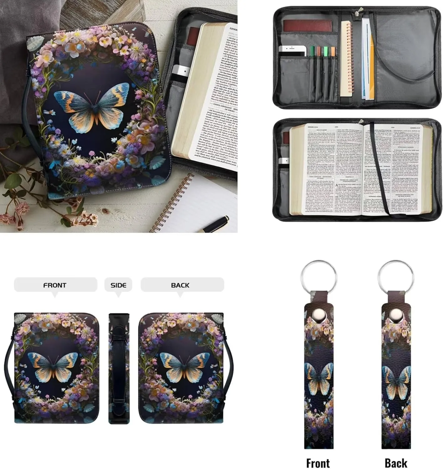 Kuiaobaty Butterfly Flower Print Bible Case Bible Covers with Keychain Leather Protective Carrying Bible Holder for Women Men Kids Teens Tote Bags for Storage Pens Bible Books Tablet