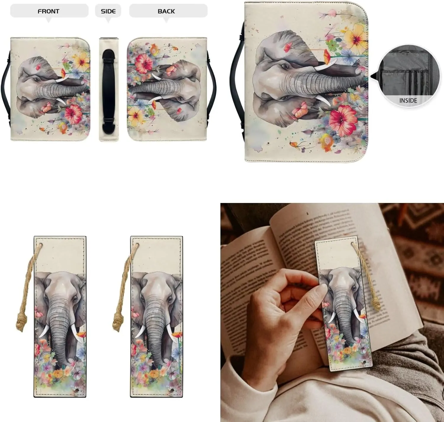 Kuiaobaty Elephant Hibiscus Print Bible Cover Leather Bible Accessories for Men Women Boys Girls Bible Carrying Case Bible Protective Bag Hand Bag Storage Organizer for Church Library Outdoor Indoor