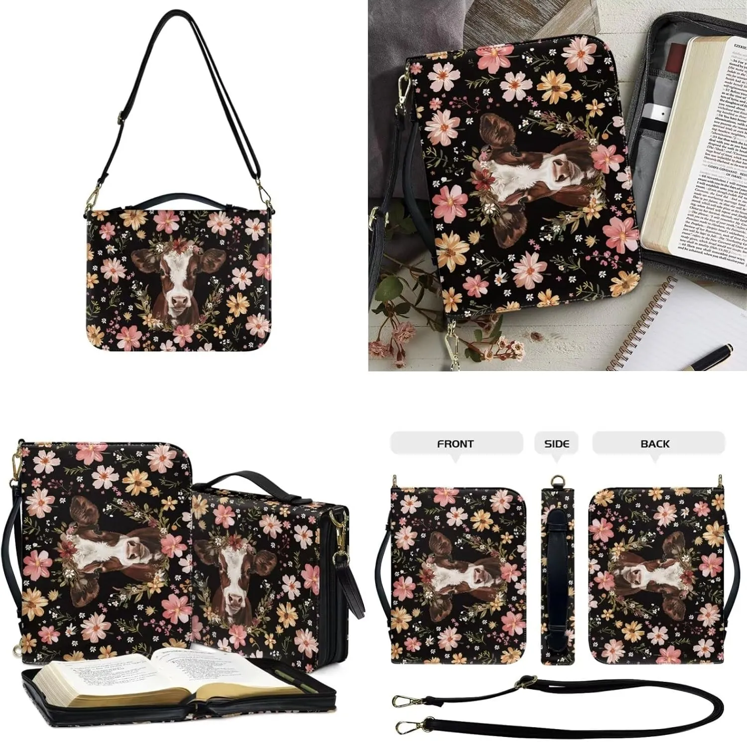 Kuiaobaty Leather Bible Covers for Women Men Bible Case with Shoulder Straps Church Bag with Keychain Size M-2XL