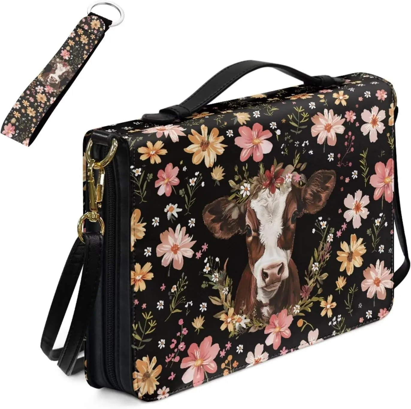 Kuiaobaty Leather Bible Covers for Women Men Bible Case with Shoulder Straps Church Bag with Keychain Size M-2XL