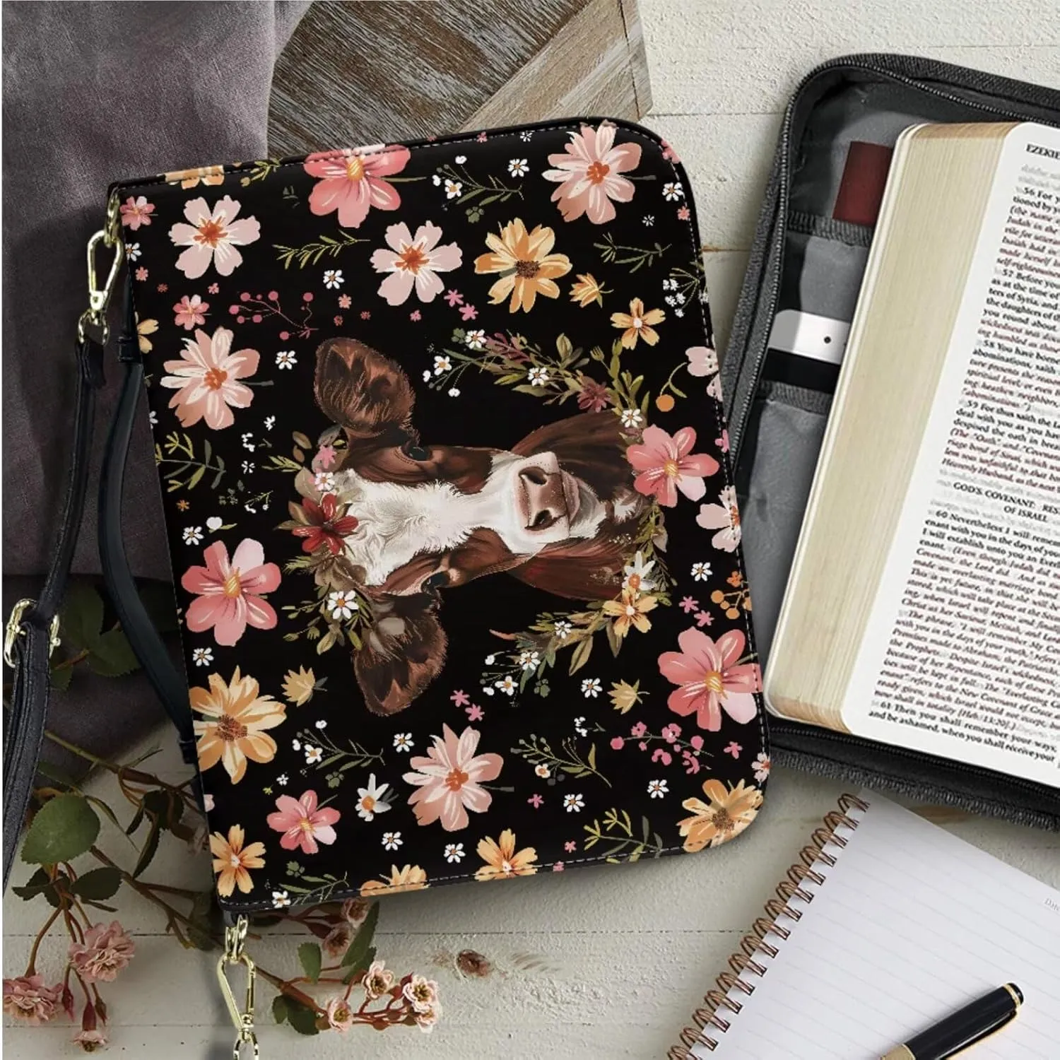 Kuiaobaty Leather Bible Covers for Women Men Bible Case with Shoulder Straps Church Bag with Keychain Size M-2XL
