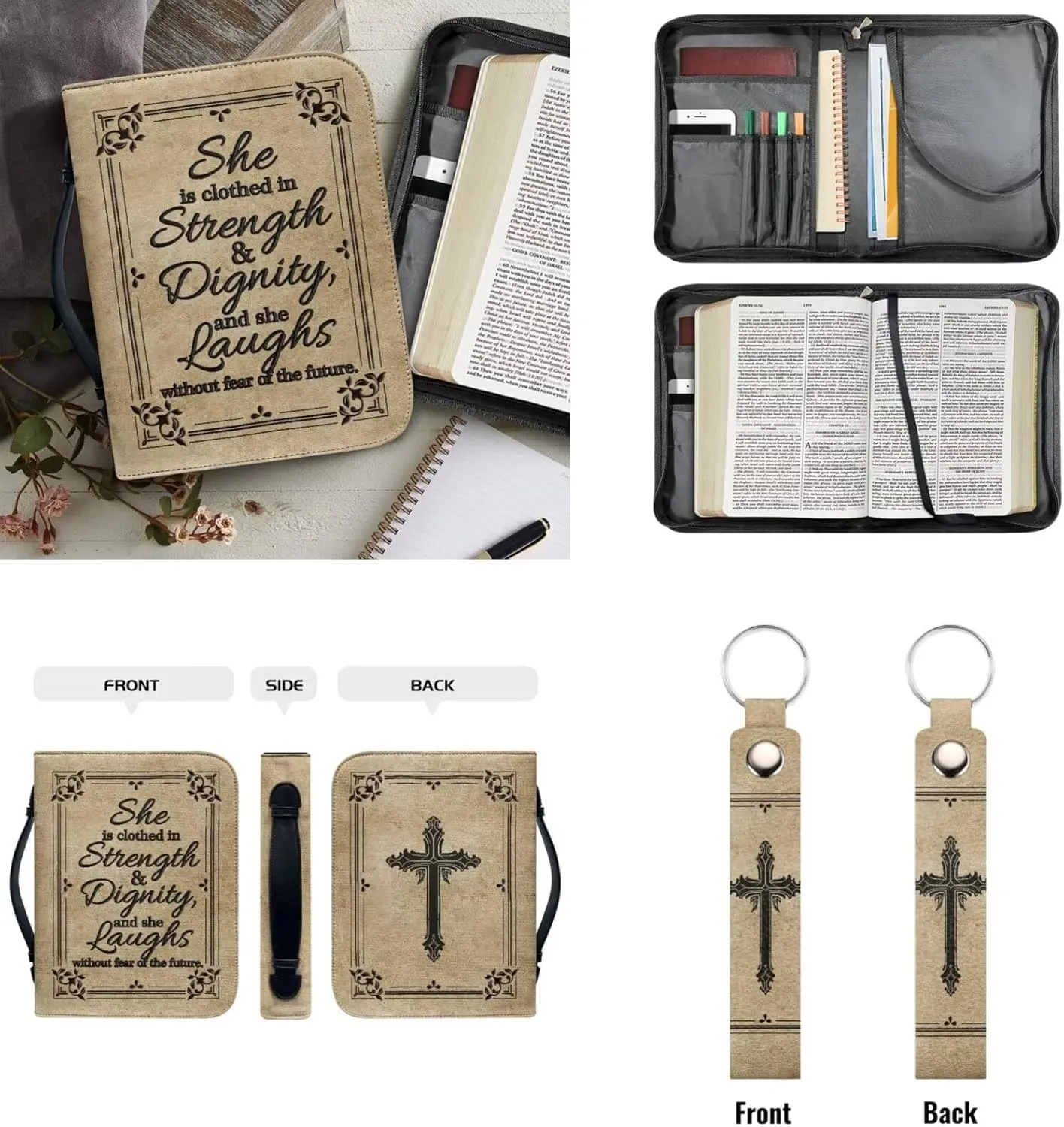 Kuiaobaty Leather Bible Covers for Women with Keychain Bible Carrier for Men Kids Bible Inspirational Quotes Print Church Bag Bible Case Organizer with Handle Tote with Pen Slots and Multi Pocket