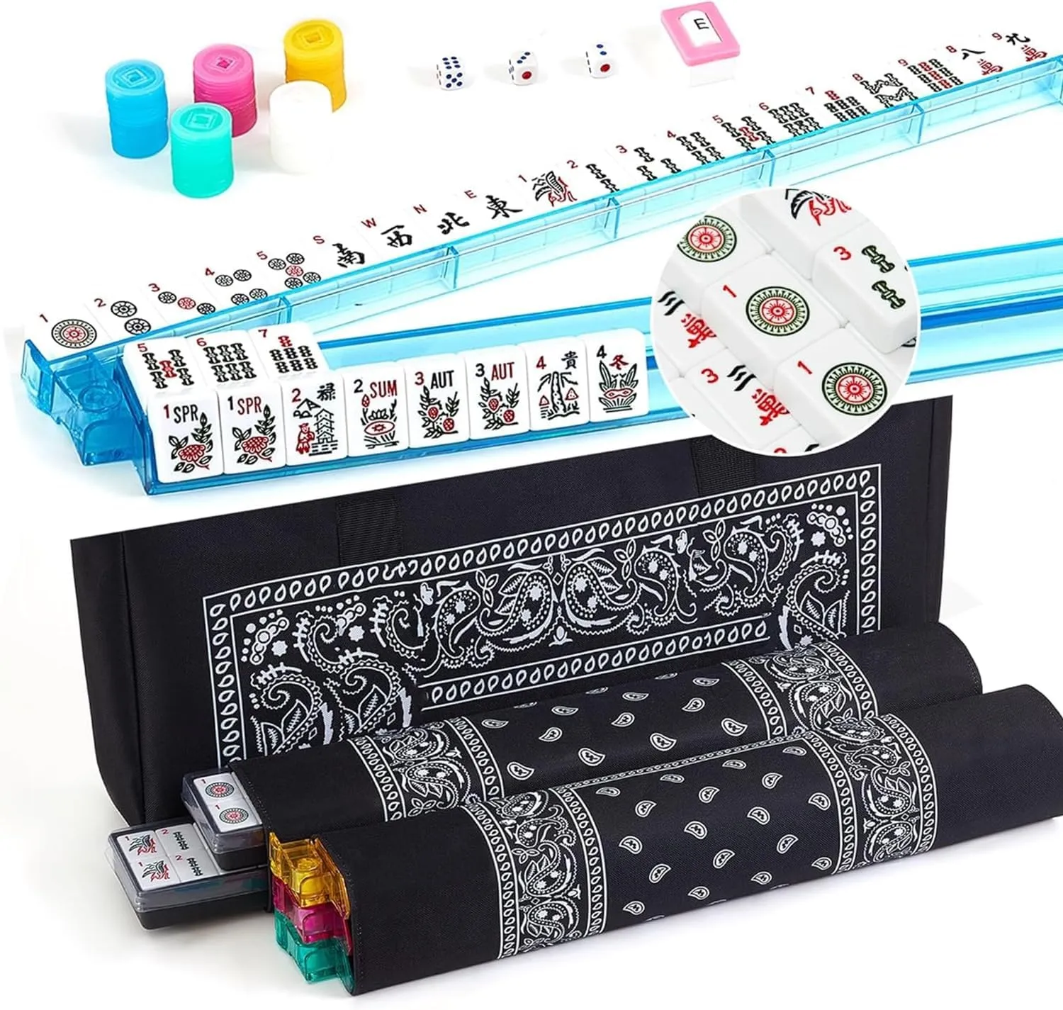 KURONO American Mahjong Set - Black Paisley Soft Bag,166 Premium White Tiles, 4All-in-One Rack/Pushers, MahJongg Game Set(Black)