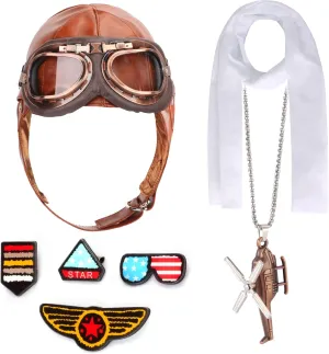 Kyson Kids Aviator Costume Leather Aviator Hat With Goggles Scarf Brooch Necklace for Boy Girl Halloween Aviation Theme Party