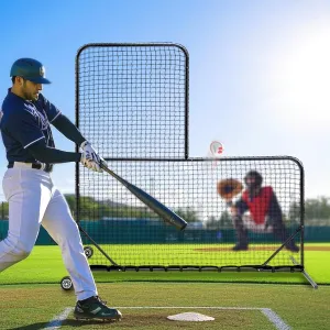 L Screen Baseball for Batting Cage 7x7ft Baseball Double Layers Protective Pitching Screen Net with Portable Carry Bag,Wheels, U-Shaped Ground Spikes for Outdoor & Baseball Backyard
