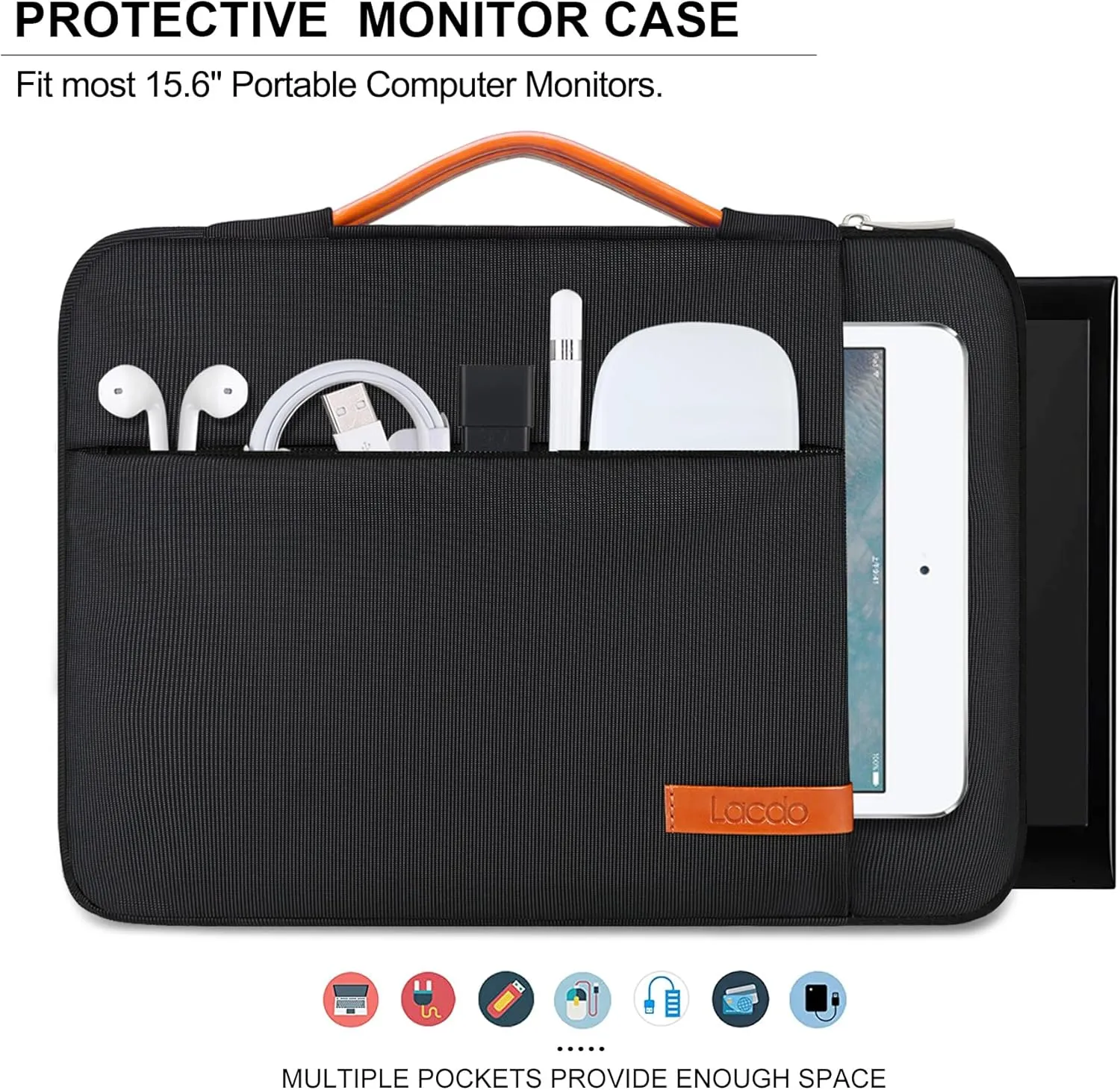 Lacdo 15.6 inch Portable Monitor Case for Most 15.6 inch Portable External Monitor, for Computer Laptop External Display Protective Carrying Sleeve Bag with Accessory Pocket, Black