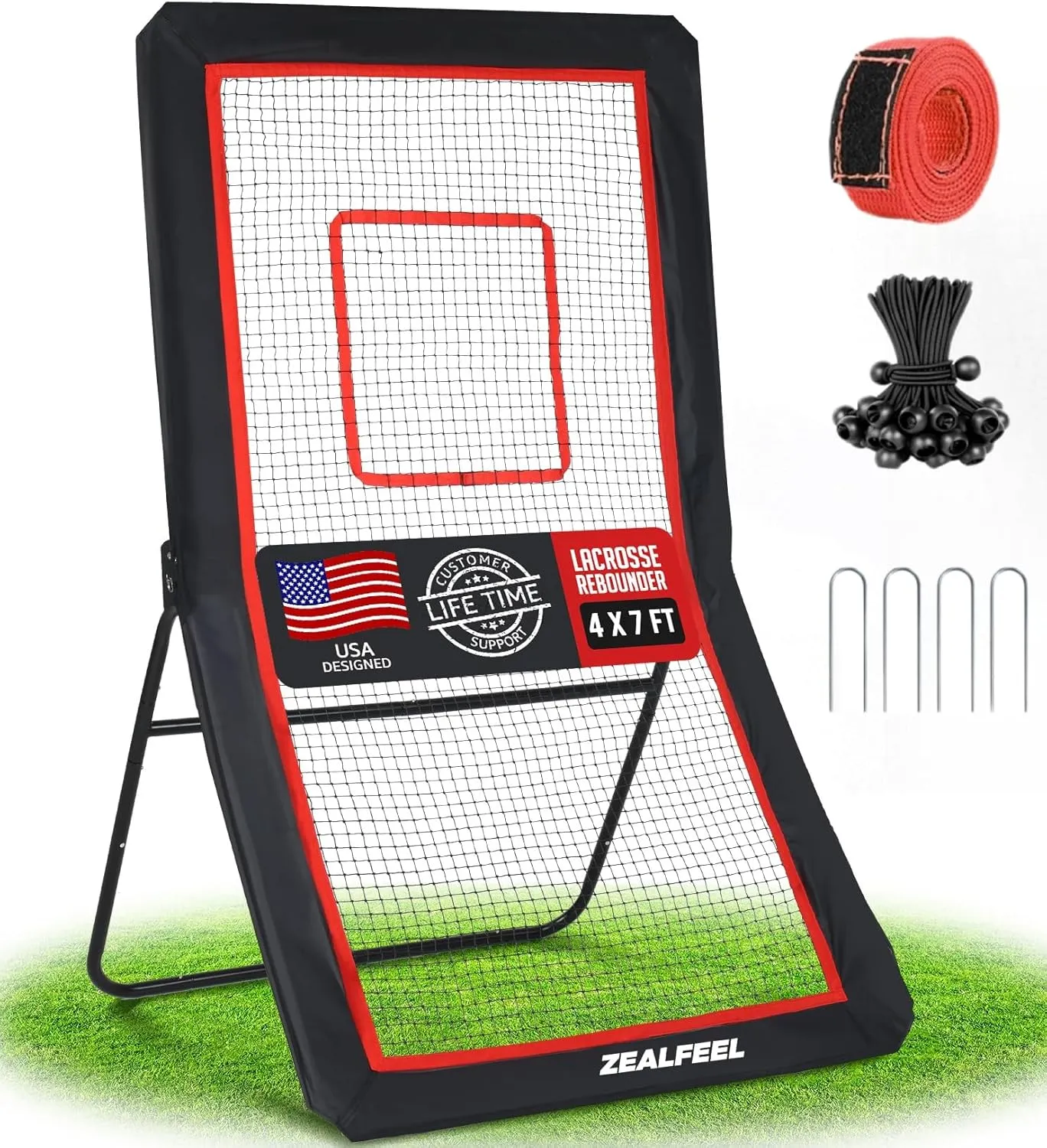 Lacrosse Rebounder, 4x7ft Lacrosse Rebound for Backyard with 5 Adjustable Angles, Target Strip, Volleyball Rebounder Net, Perfect for Lacrosse Volleyball Baseball Softball and Soccer Training