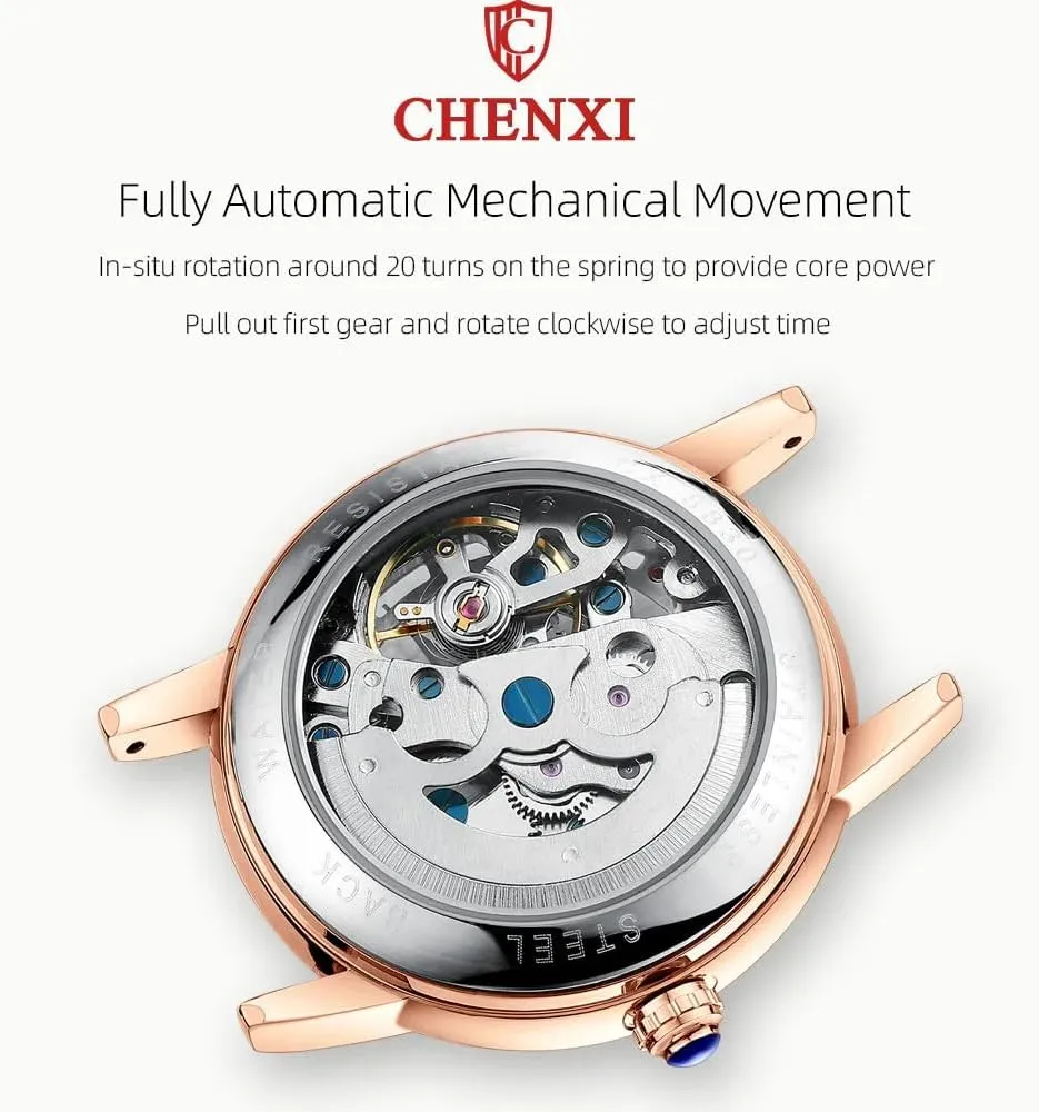 Ladies Fashion Watches Diamond Embellishment Hollowed Skeleton Waterproof Luminous Automatic Mechanical Wristwatch Steel/Leather Girls Festival Gift