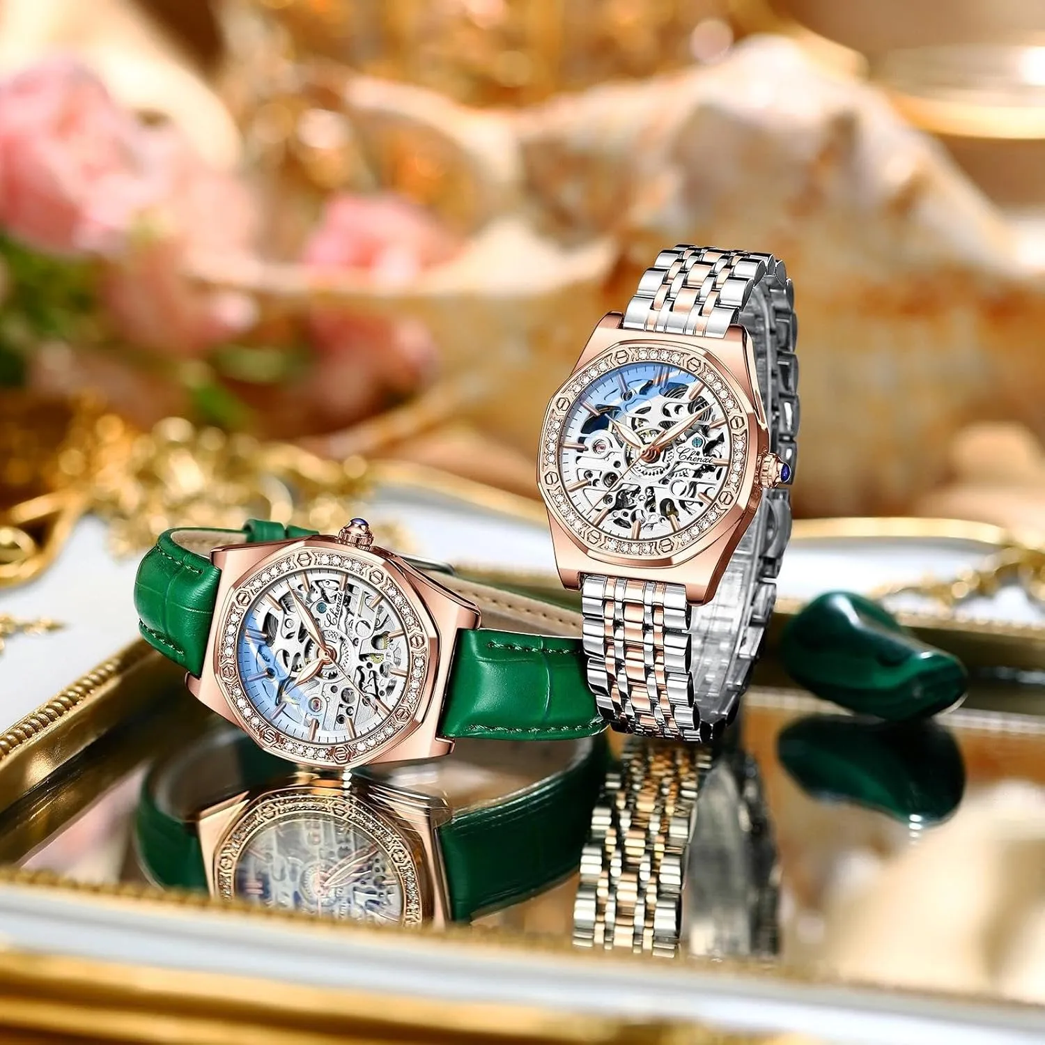 Ladies Fashion Watches Diamond Embellishment Hollowed Skeleton Waterproof Luminous Automatic Mechanical Wristwatch Steel/Leather Girls Festival Gift