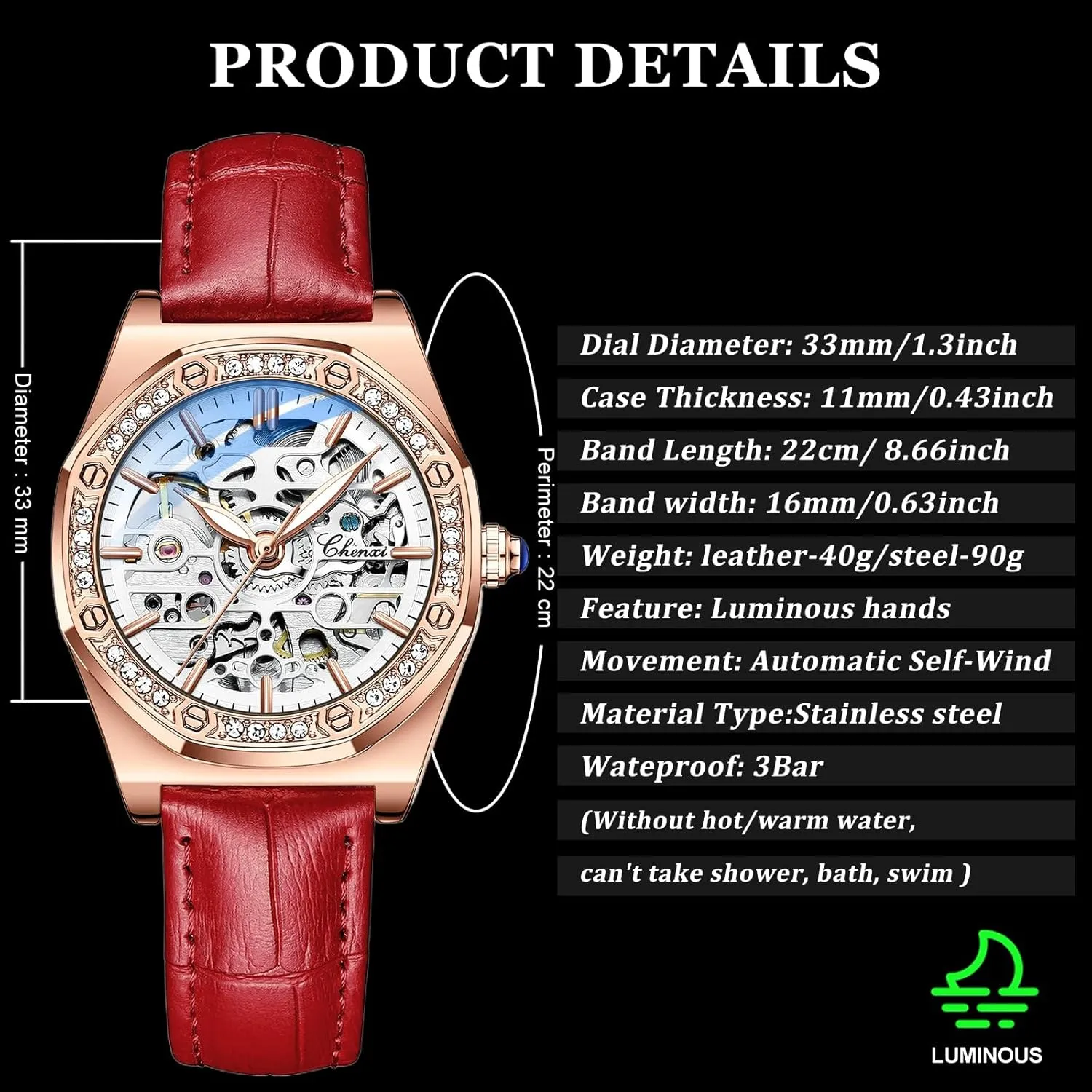 Ladies Fashion Watches Diamond Embellishment Hollowed Skeleton Waterproof Luminous Automatic Mechanical Wristwatch Steel/Leather Girls Festival Gift