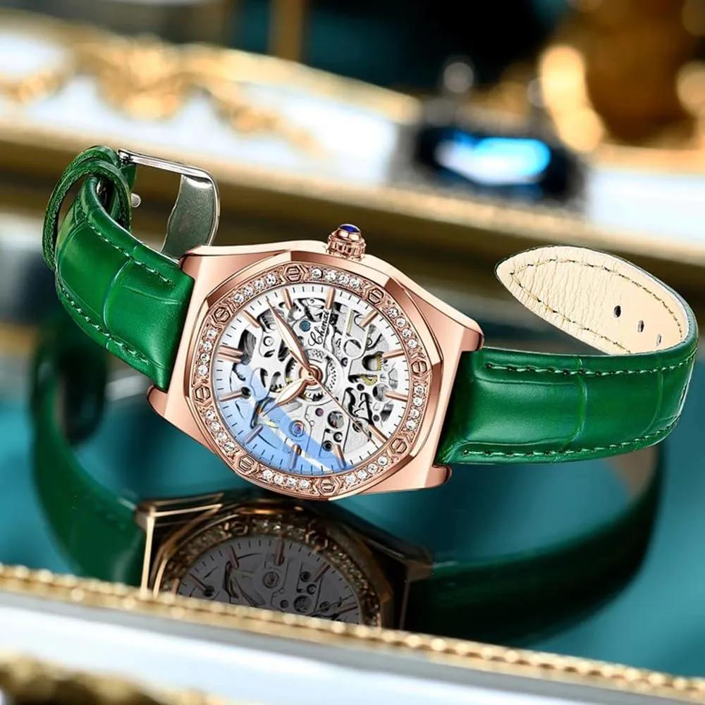 Ladies Fashion Watches Diamond Embellishment Hollowed Skeleton Waterproof Luminous Automatic Mechanical Wristwatch Steel/Leather Girls Festival Gift