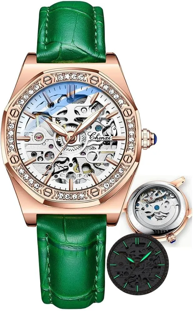 Ladies Fashion Watches Diamond Embellishment Hollowed Skeleton Waterproof Luminous Automatic Mechanical Wristwatch Steel/Leather Girls Festival Gift