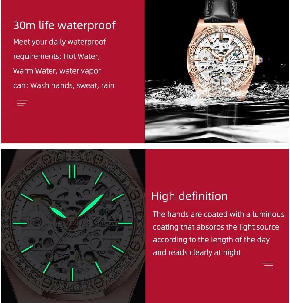 Ladies Fashion Watches Diamond Embellishment Hollowed Skeleton Waterproof Luminous Automatic Mechanical Wristwatch Steel/Leather Girls Festival Gift