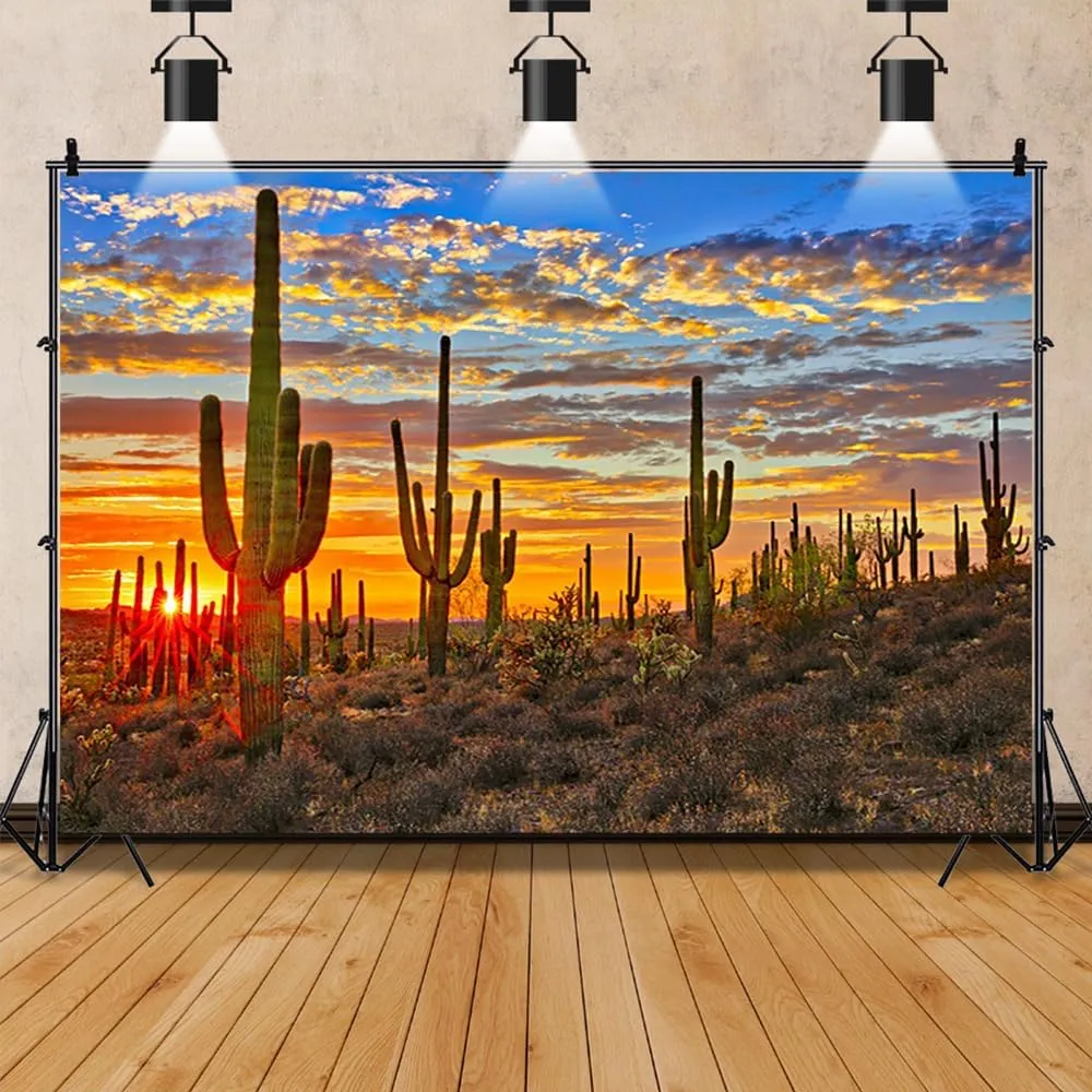 Laeacco 12x8ft Desert Scenery Backdrop Desert Gobi Sunset Prickly Cactus Saguaro Western Wilderness Photography Background Outdoor Travel Adventure Cowboys Children Adult Portrait Photo Booth Props