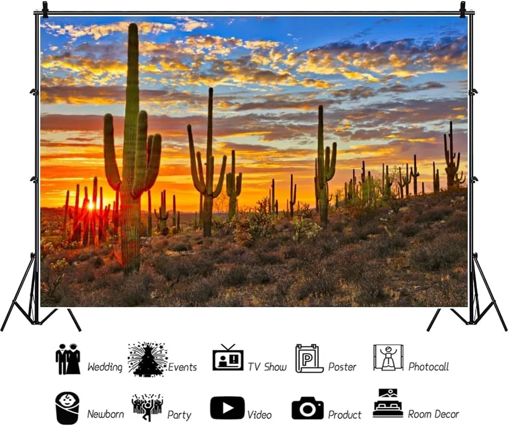 Laeacco 12x8ft Desert Scenery Backdrop Desert Gobi Sunset Prickly Cactus Saguaro Western Wilderness Photography Background Outdoor Travel Adventure Cowboys Children Adult Portrait Photo Booth Props