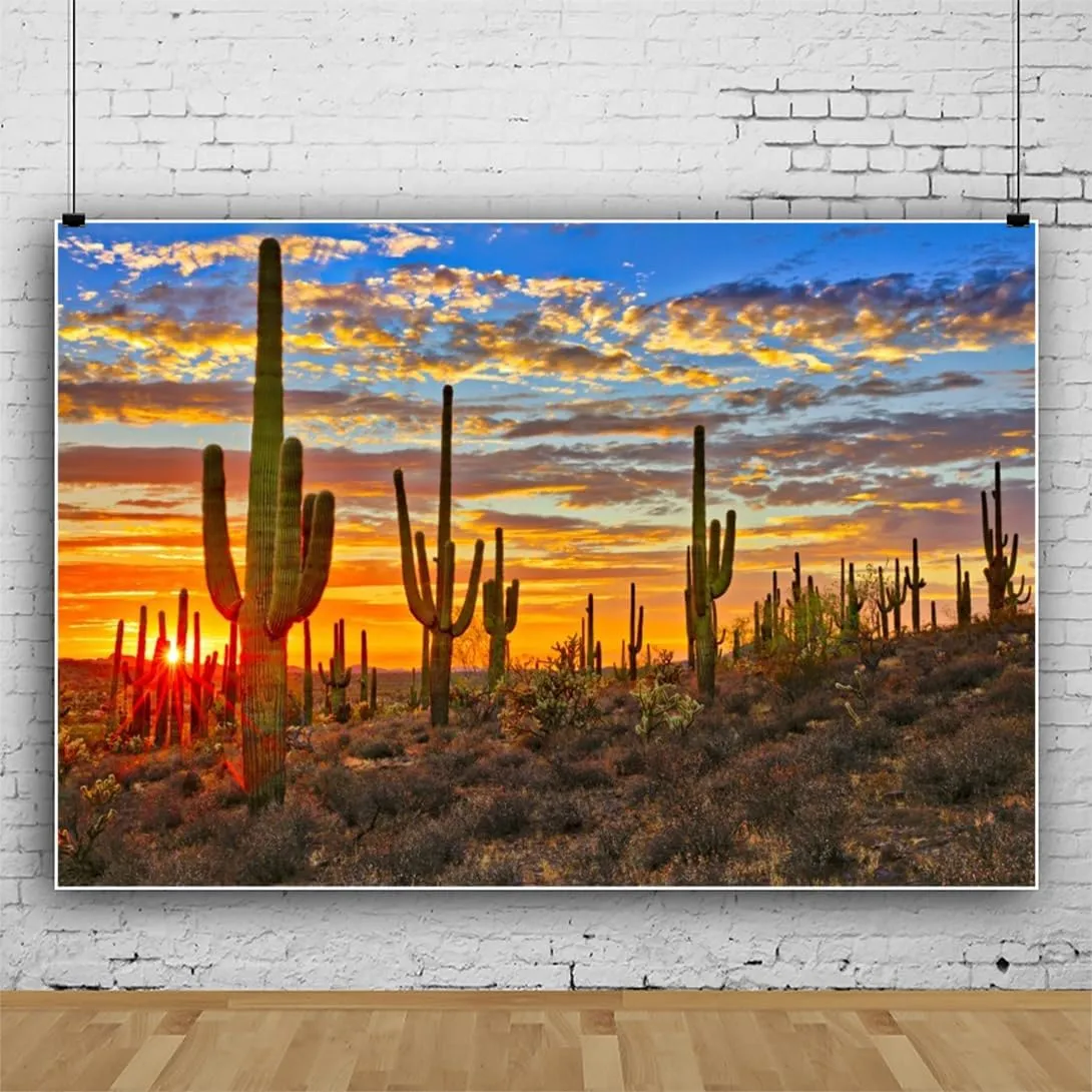 Laeacco 12x8ft Desert Scenery Backdrop Desert Gobi Sunset Prickly Cactus Saguaro Western Wilderness Photography Background Outdoor Travel Adventure Cowboys Children Adult Portrait Photo Booth Props