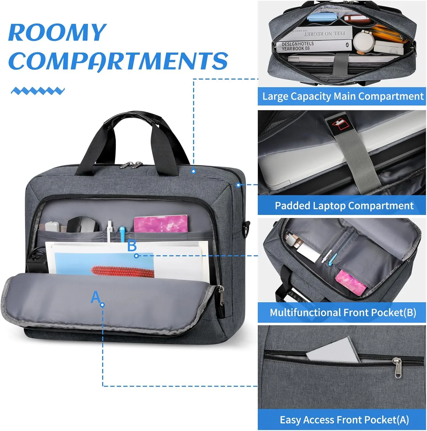 Laptop Bag 15.6 Inch Laptop Briefcase Computer Bag for Men Women Waterproof Business Office Work Large Laptop Case 15.6 Inch Adjustable Shoulder Messenger Bag Grey