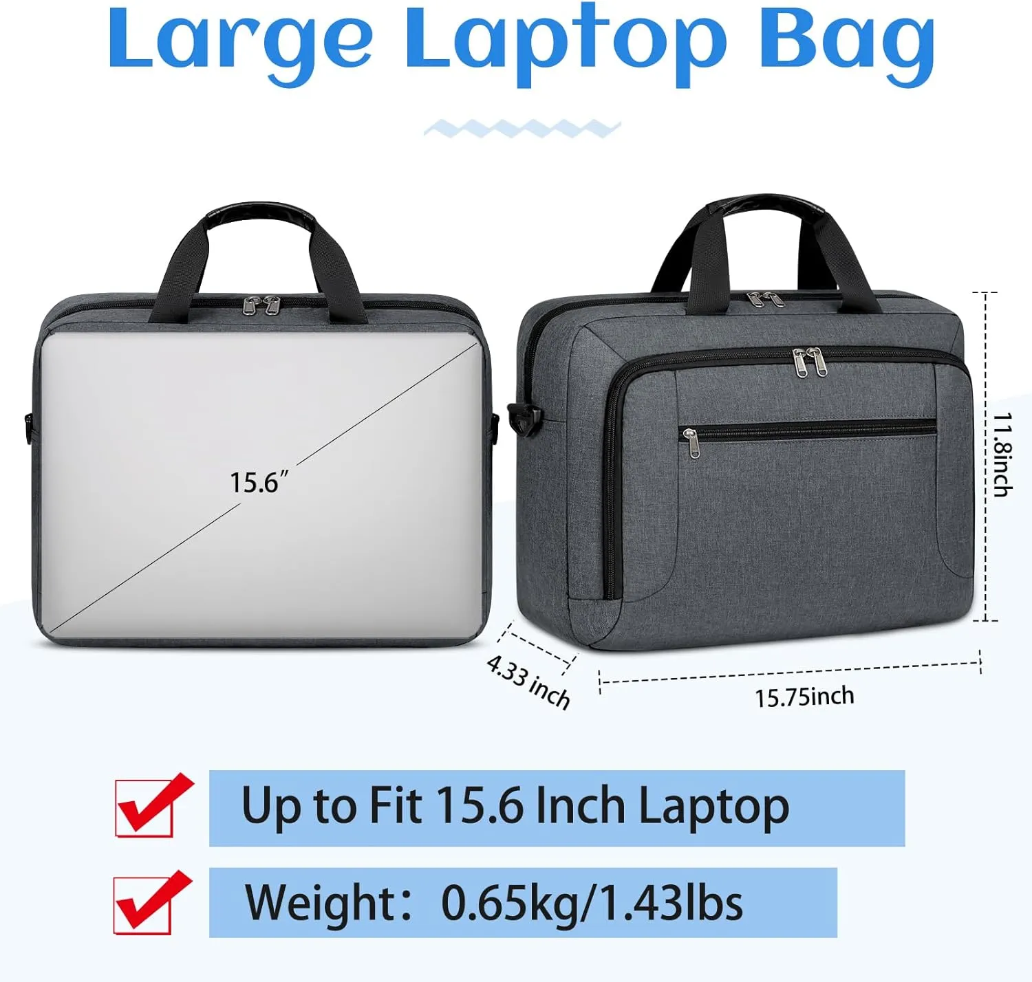 Laptop Bag 15.6 Inch Laptop Briefcase Computer Bag for Men Women Waterproof Business Office Work Large Laptop Case 15.6 Inch Adjustable Shoulder Messenger Bag Grey