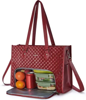 Laptop Tote Bag with Insulated Lunch Compartment for Women, PU Leather 15.6 Inch Work Bag, Elegant Computer Handbag, Versatile Business Tote for Office,Travel or Casual-Crimson Red