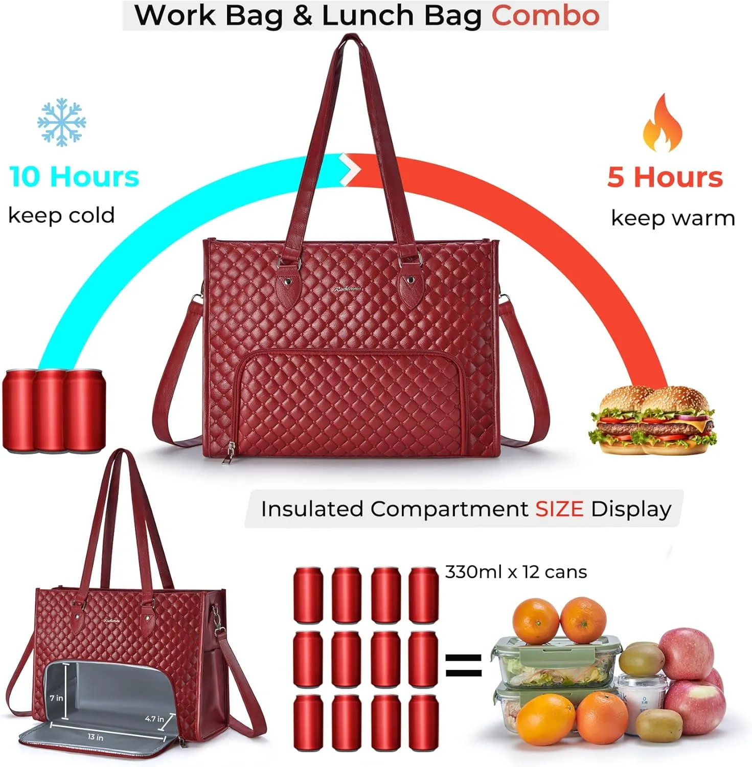 Laptop Tote Bag with Insulated Lunch Compartment for Women, PU Leather 15.6 Inch Work Bag, Elegant Computer Handbag, Versatile Business Tote for Office,Travel or Casual-Crimson Red