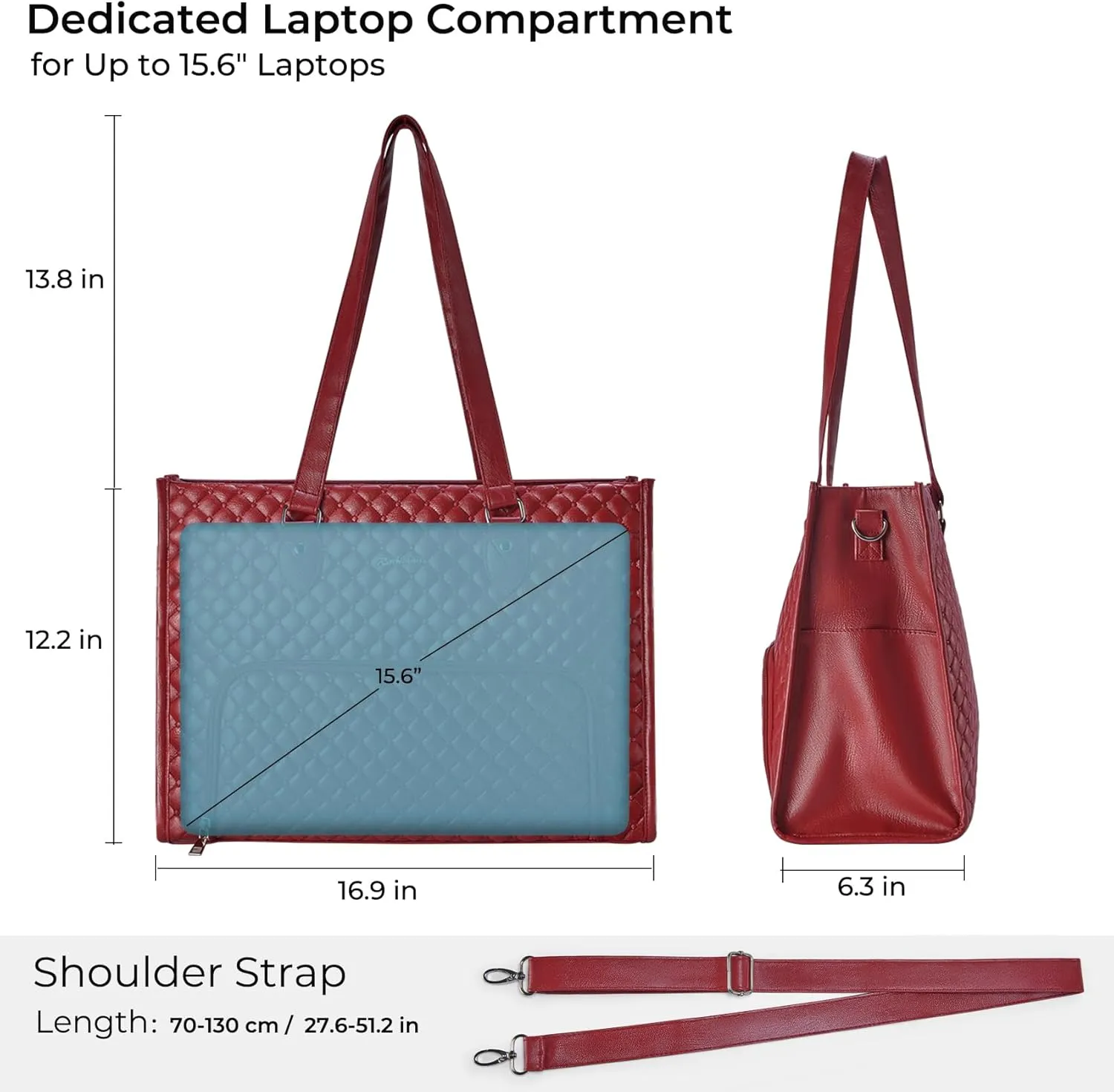 Laptop Tote Bag with Insulated Lunch Compartment for Women, PU Leather 15.6 Inch Work Bag, Elegant Computer Handbag, Versatile Business Tote for Office,Travel or Casual-Crimson Red