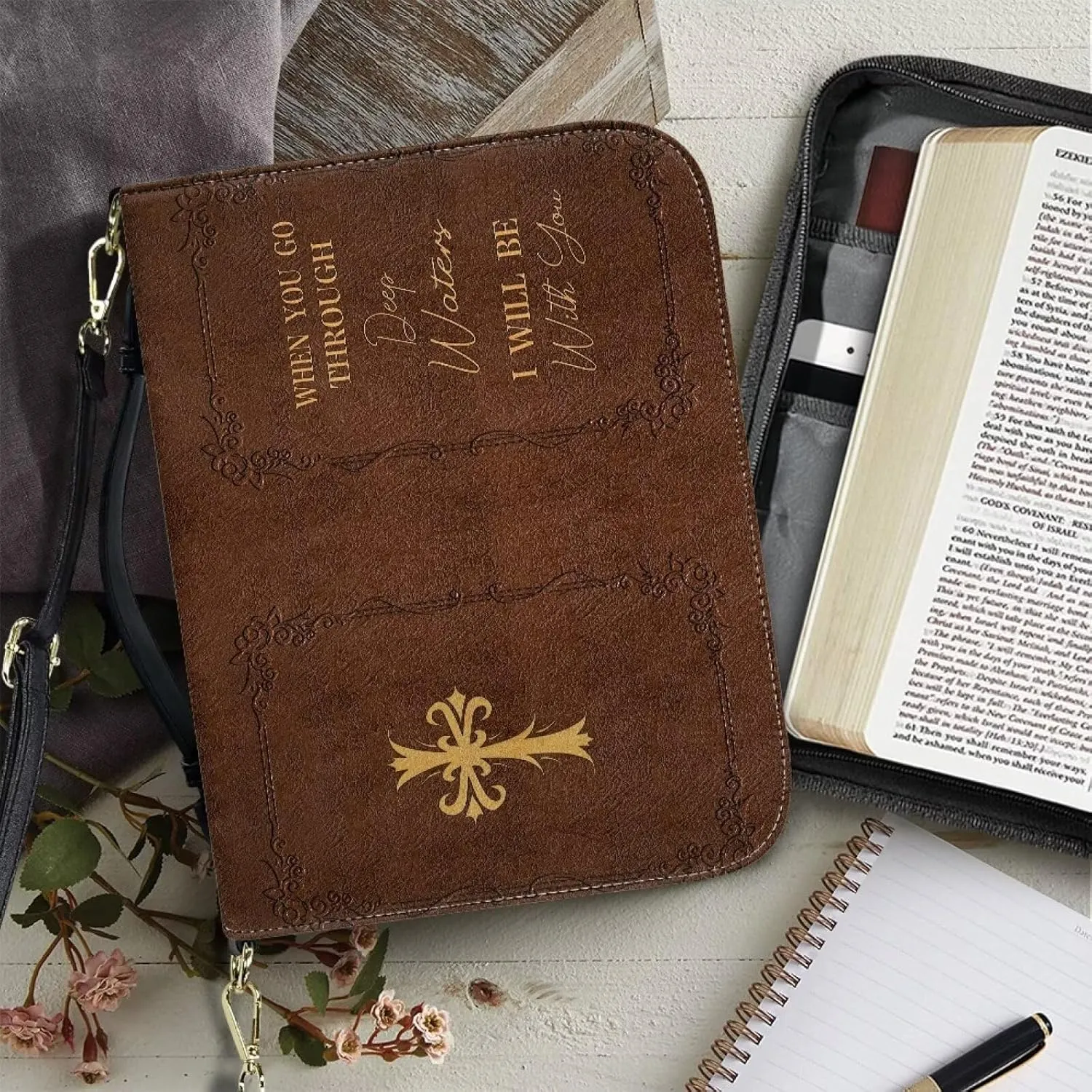 Large Bible Cover Case with Shoulder Strap, Leather Bible Case Church Bag, Portable Bible Tote Bag Gift for Christian