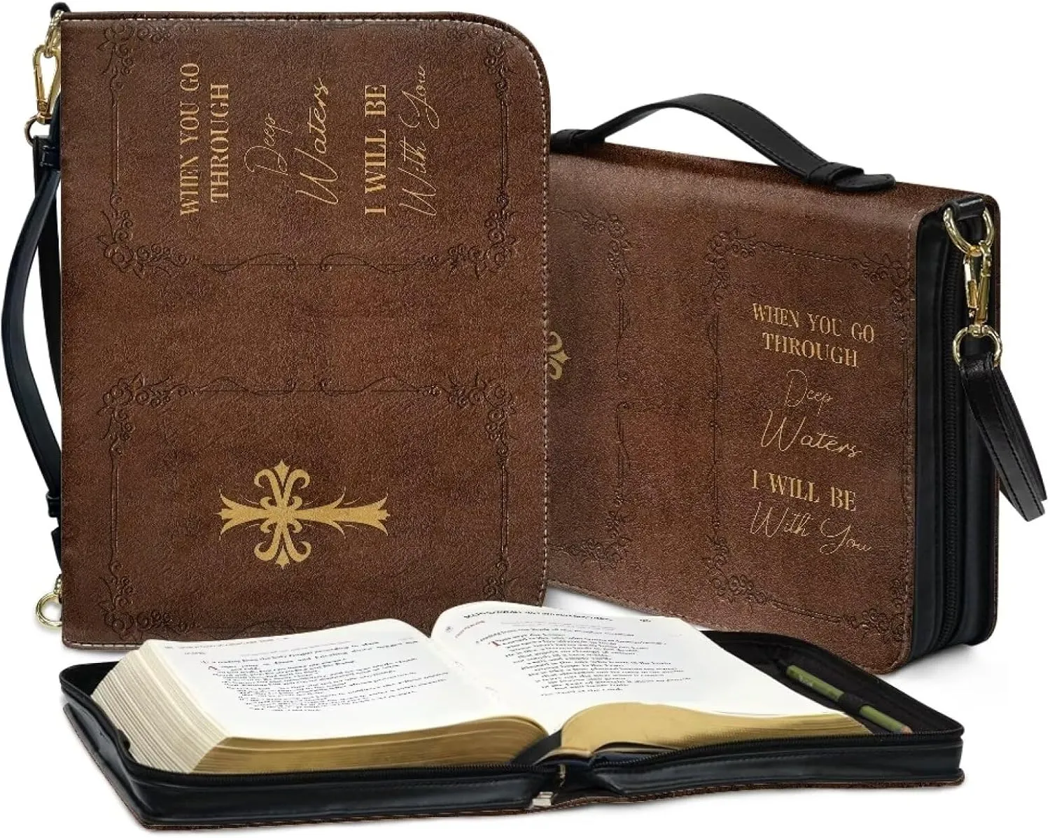Large Bible Cover Case with Shoulder Strap, Leather Bible Case Church Bag, Portable Bible Tote Bag Gift for Christian
