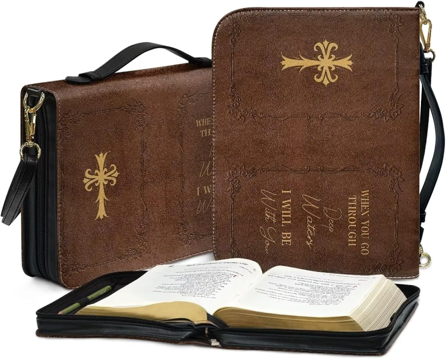 Large Bible Cover Case with Shoulder Strap, Leather Bible Case Church Bag, Portable Bible Tote Bag Gift for Christian
