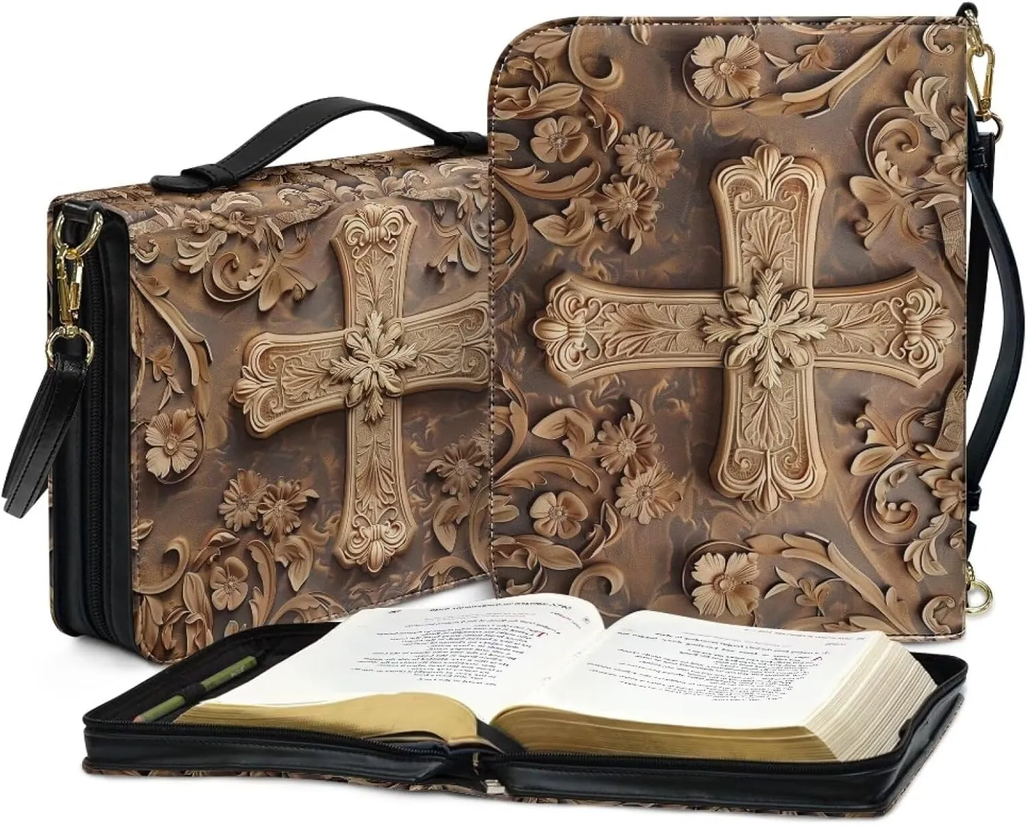 Large Bible Cover with Shoulder Strap, Cross Printed Bible Carrying Case for Women Men, Lightweight Bible Tote Bag with Top Handle, Leather Waterproof Bible Cover Church Book Cover,M