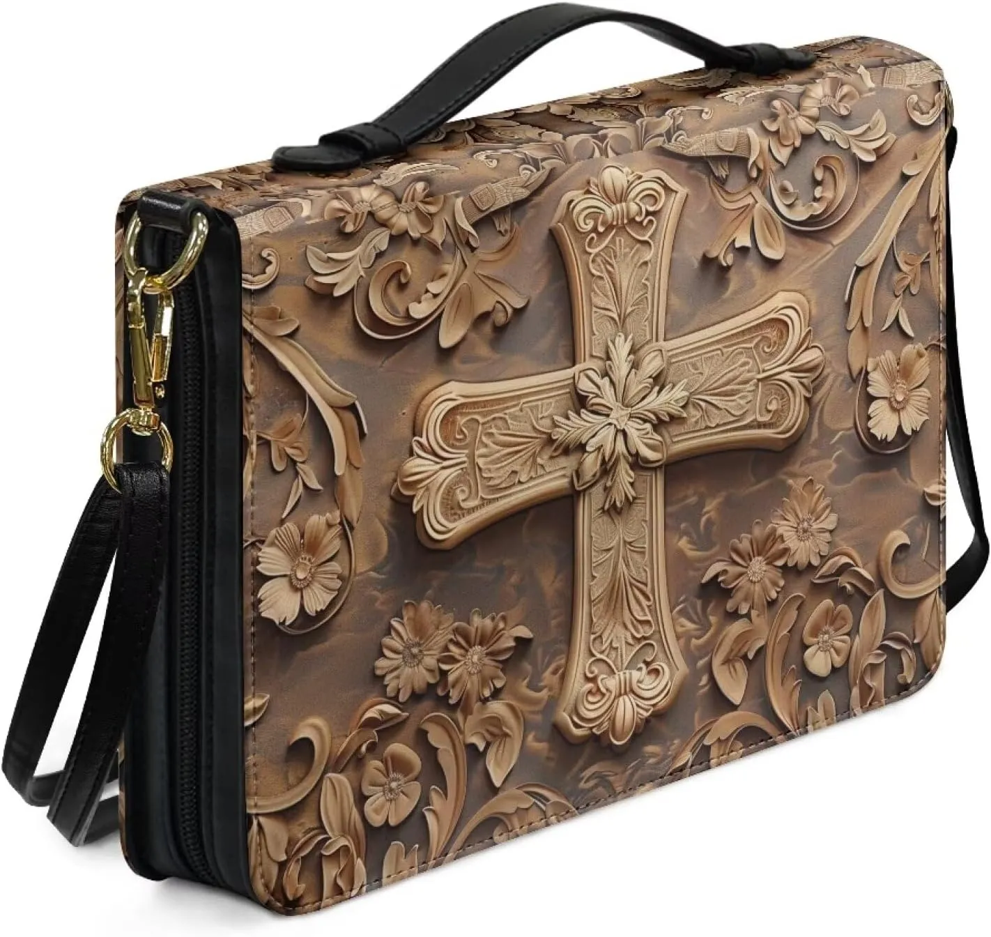 Large Bible Cover with Shoulder Strap, Cross Printed Bible Carrying Case for Women Men, Lightweight Bible Tote Bag with Top Handle, Leather Waterproof Bible Cover Church Book Cover,M