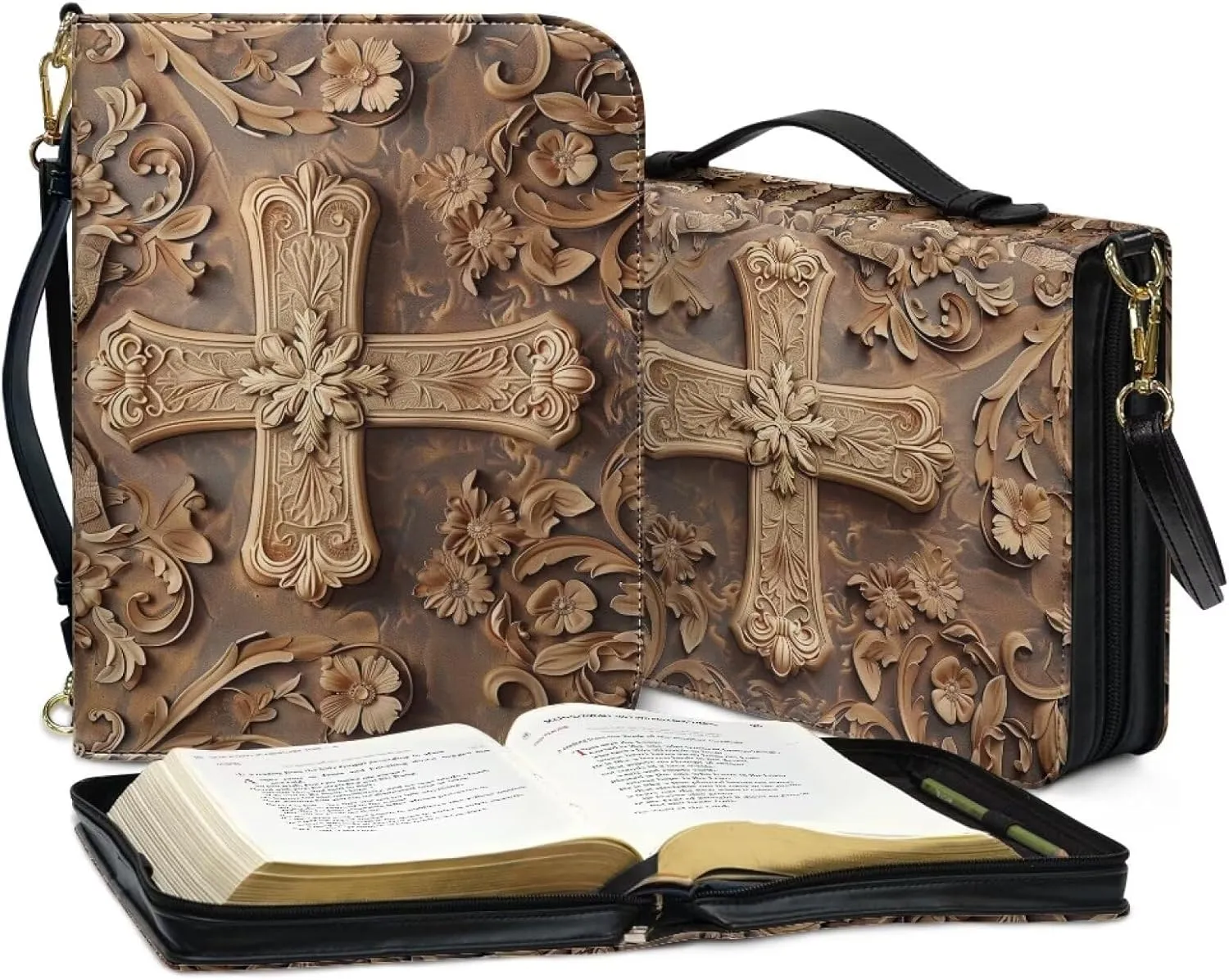 Large Bible Cover with Shoulder Strap, Cross Printed Bible Carrying Case for Women Men, Lightweight Bible Tote Bag with Top Handle, Leather Waterproof Bible Cover Church Book Cover,M