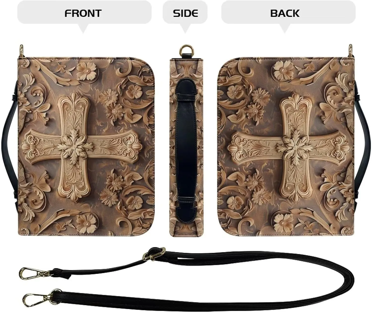 Large Bible Cover with Shoulder Strap, Cross Printed Bible Carrying Case for Women Men, Lightweight Bible Tote Bag with Top Handle, Leather Waterproof Bible Cover Church Book Cover,M