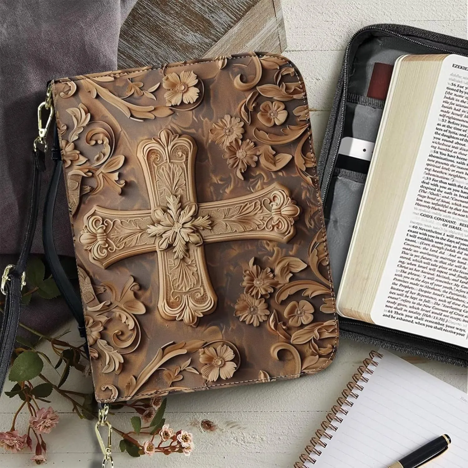Large Bible Cover with Shoulder Strap, Cross Printed Bible Carrying Case for Women Men, Lightweight Bible Tote Bag with Top Handle, Leather Waterproof Bible Cover Church Book Cover,M