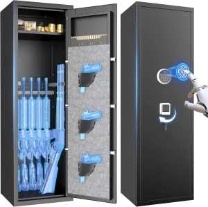 Large Biometric Gun Safe for Rifle & Pistol - Fireproof Quick Access Tall Gun CabinetHolds 10 Rifles & 3 Pistols with LED Light & Ammo Storage, Fingerprint Lock, Home & Commercial Use (55"H, Black)