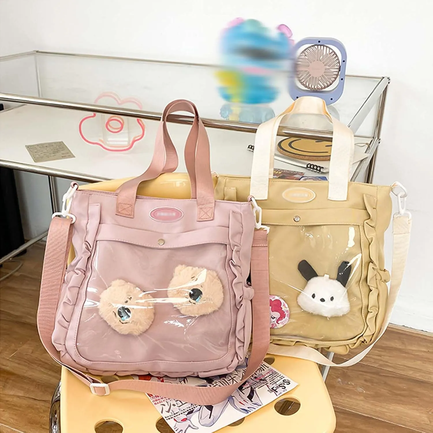 Large capacity women's casual crossbody bag with pin display transparent window suitable for anime exhibitions