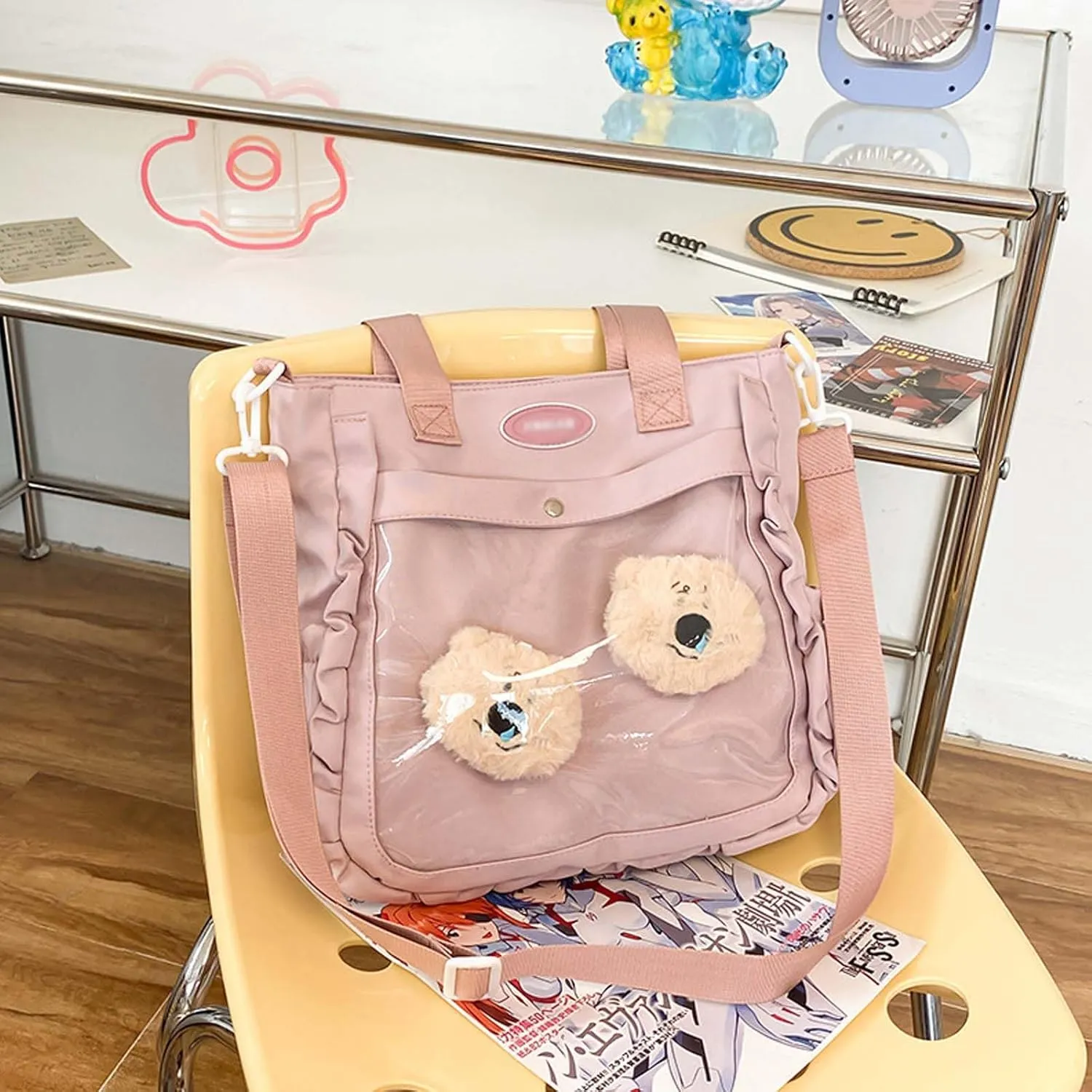 Large capacity women's casual crossbody bag with pin display transparent window suitable for anime exhibitions