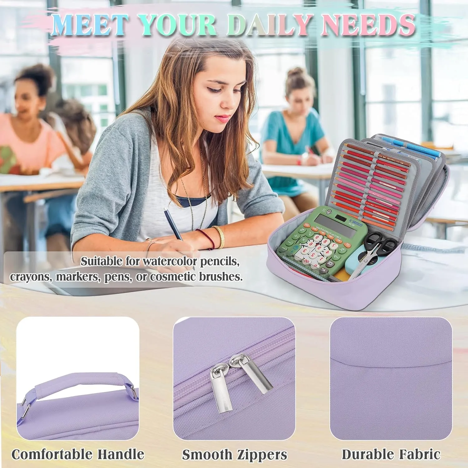 Large Pen Pencil Case,VONXURY High Capacity Art Colored Pencil Pouch Portable Stationery Organizer With 2 Detachable Layers 54 Slots Multiple Zipper Pockets for School Office College
