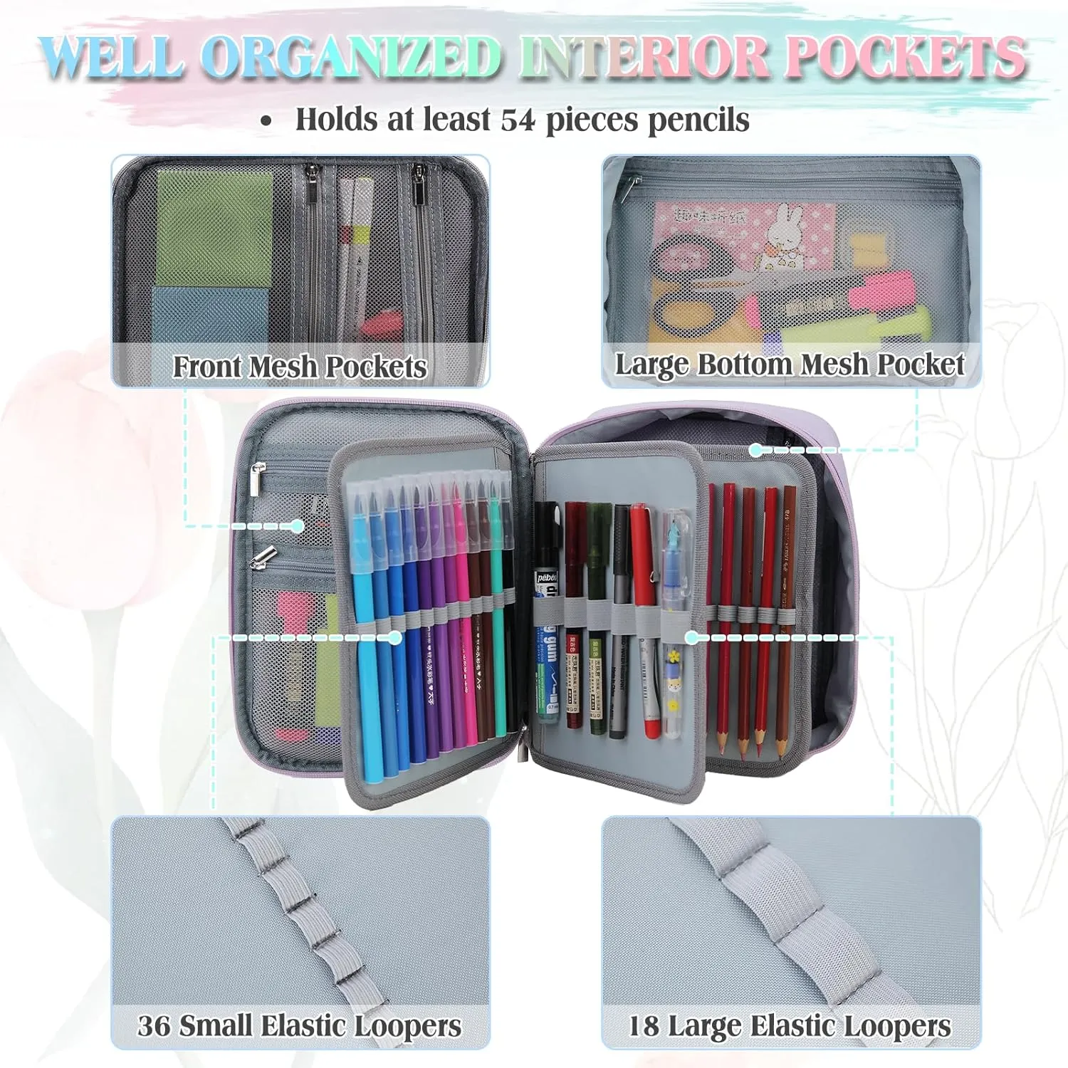 Large Pen Pencil Case,VONXURY High Capacity Art Colored Pencil Pouch Portable Stationery Organizer With 2 Detachable Layers 54 Slots Multiple Zipper Pockets for School Office College