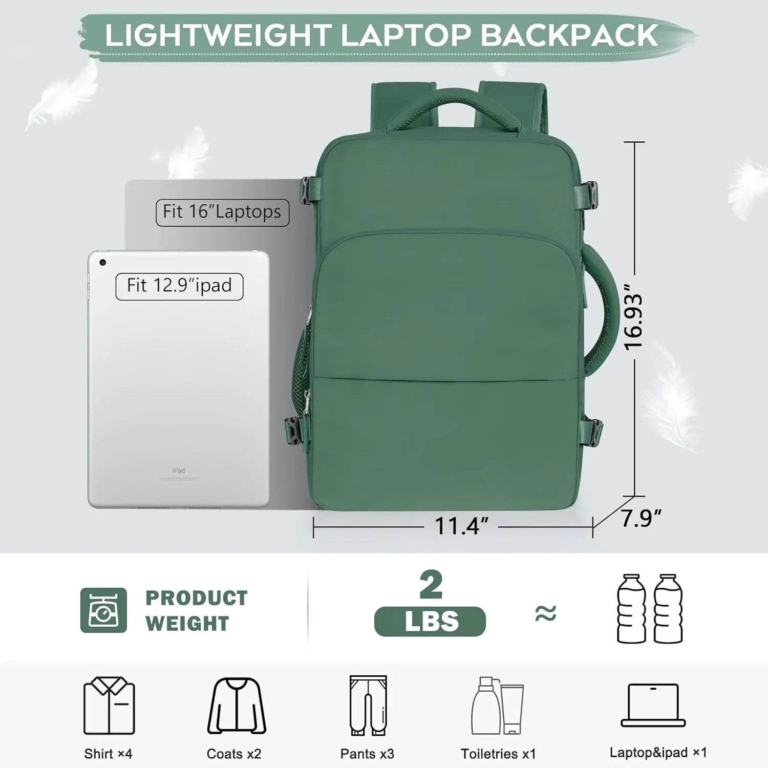 Large Travel Backpack, Carry On Bags For Airplanes, Lightweight Personal Item Bag, Laptop Backpack, Casual Daypack for Weekender Business Hiking, Blackish green