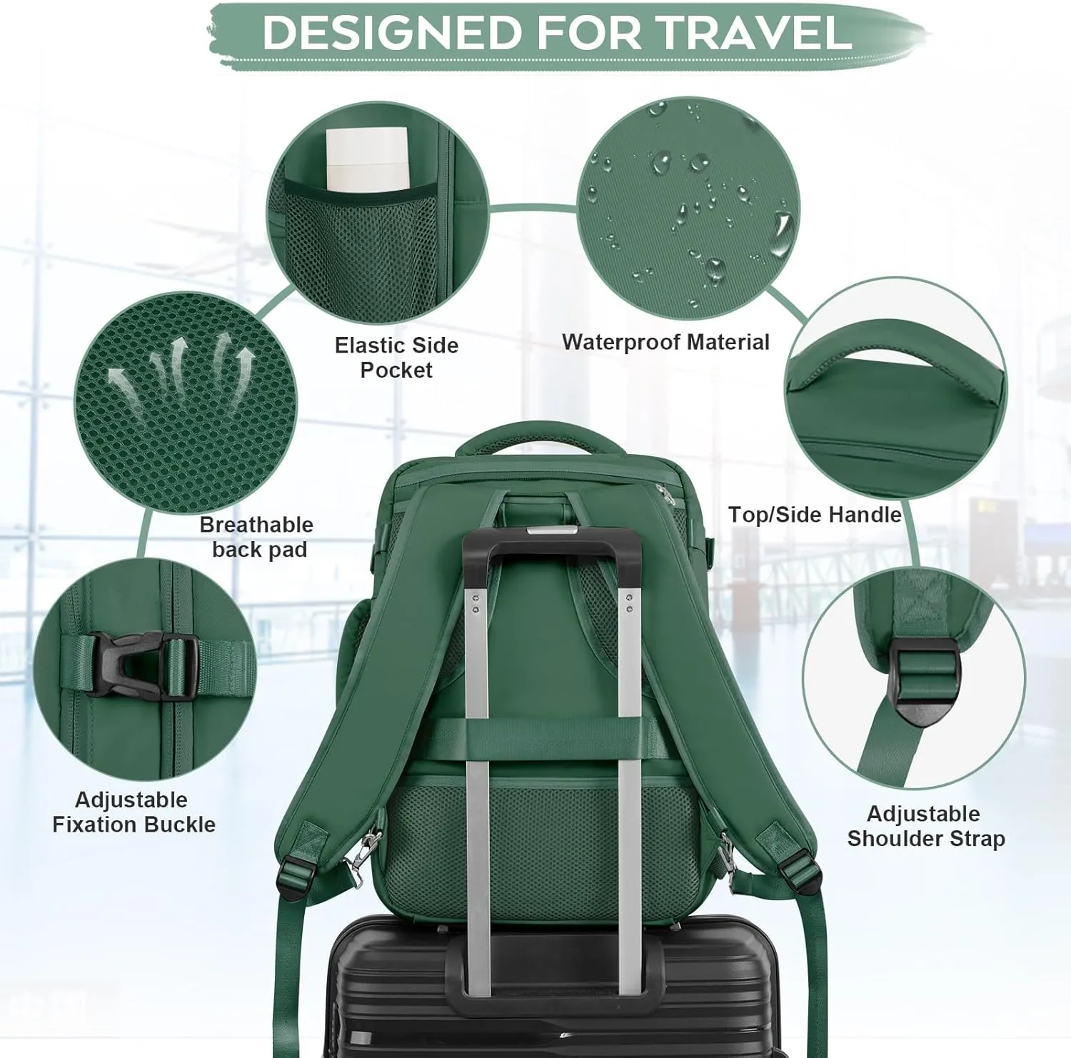 Large Travel Backpack, Carry On Bags For Airplanes, Lightweight Personal Item Bag, Laptop Backpack, Casual Daypack for Weekender Business Hiking, Blackish green