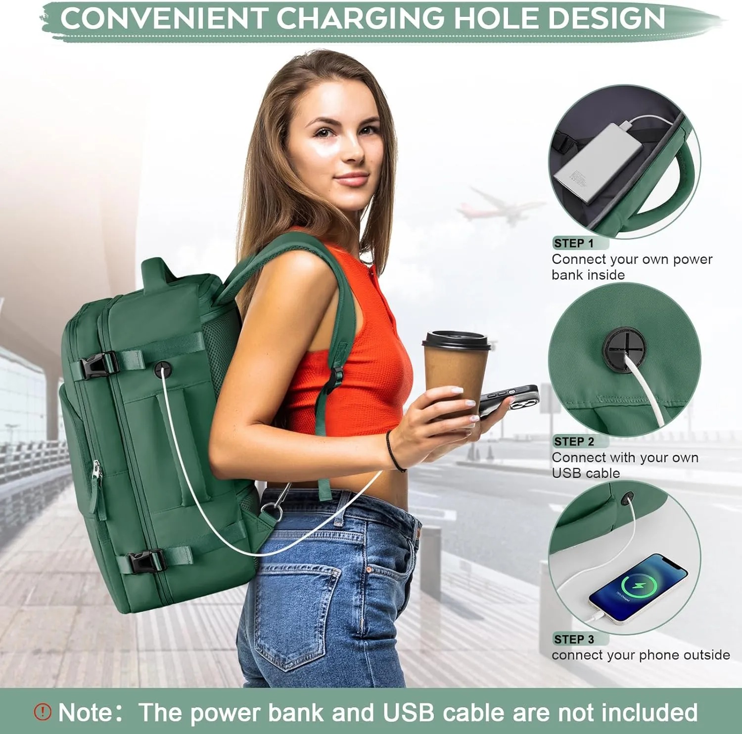 Large Travel Backpack, Carry On Bags For Airplanes, Lightweight Personal Item Bag, Laptop Backpack, Casual Daypack for Weekender Business Hiking, Blackish green