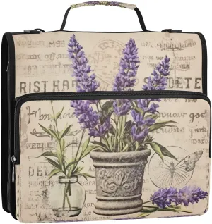 Lavender Stamps Vintage 3 Ring Zipper Binder 1.5 Inch D-Ring Binder with Zipper Pocket Shoulder Strap 500 Sheets Expanding File Folder Binders Organizer for Middle School