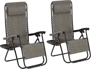 Lavish Home Zero Gravity Chairs - Set of 2 Outdoor Chairs with Side Tables with 2 Cupholders, Phone, and Tablet Holder and Chair Pillow (Gray)