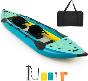 LDAILY Inflatable Kayak, 12.5ft Fishing Kayak with 507 lbs Capacity, Triple Chamber Safety Kayak with Drop Stitch Floor & EVA Seats, Portable Inflatable Kayak 2 Person with Paddles, Pump