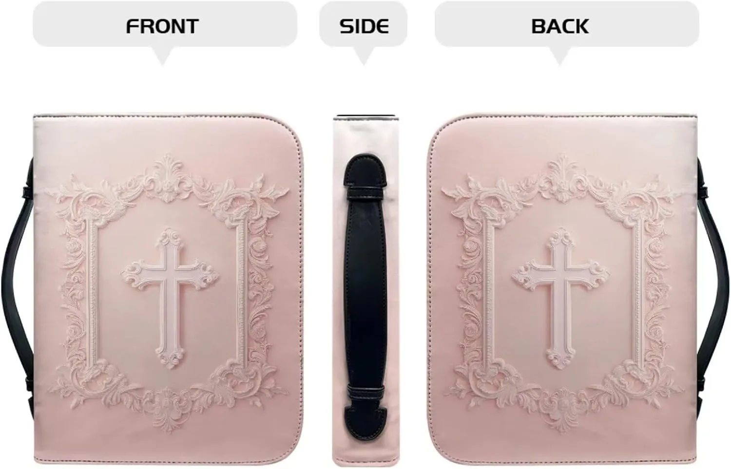 Leather Bible Case for Women, Church Tote Bags with Pen Slot & Zippered Pockets, Strap Style Bible Bag for Christmas Gifts,Cross,XL