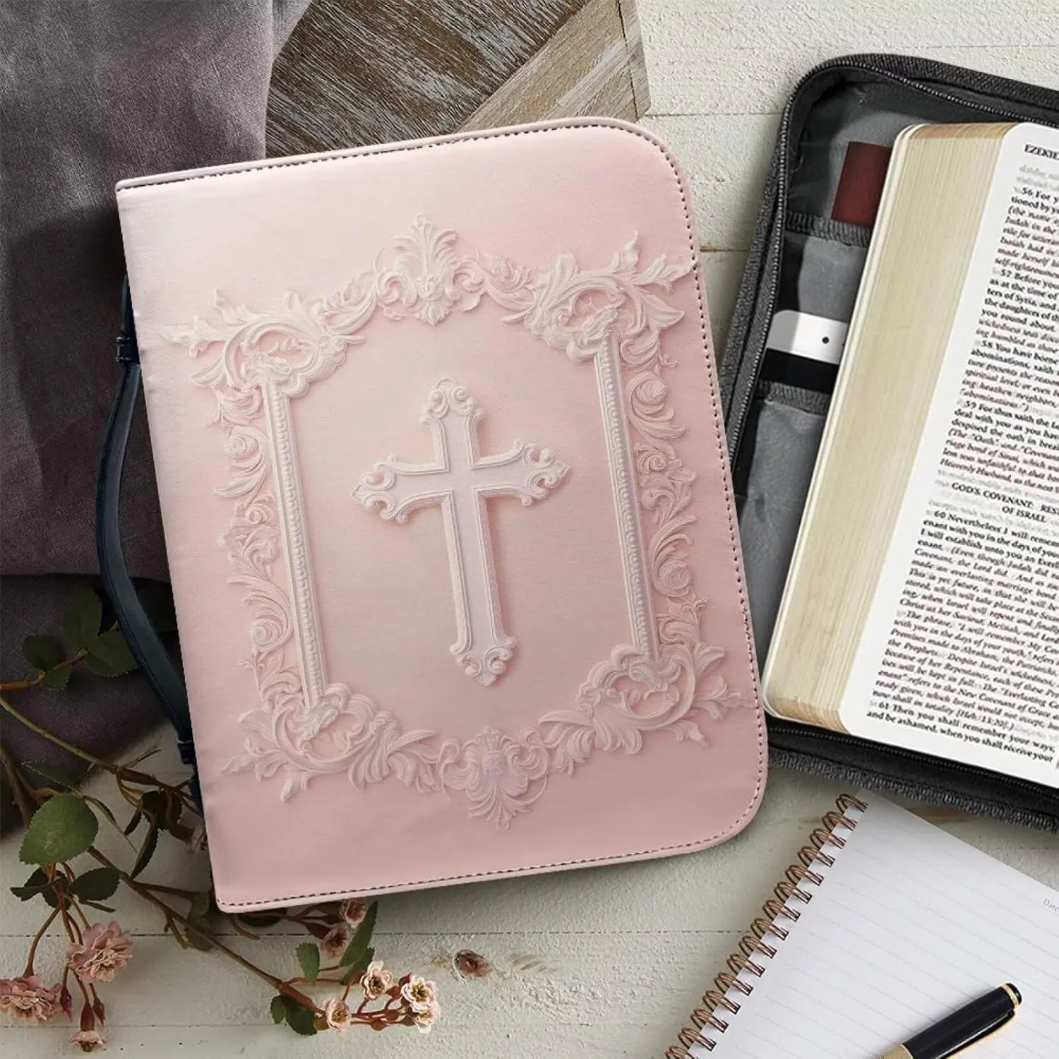Leather Bible Case for Women, Church Tote Bags with Pen Slot & Zippered Pockets, Strap Style Bible Bag for Christmas Gifts,Cross,XL