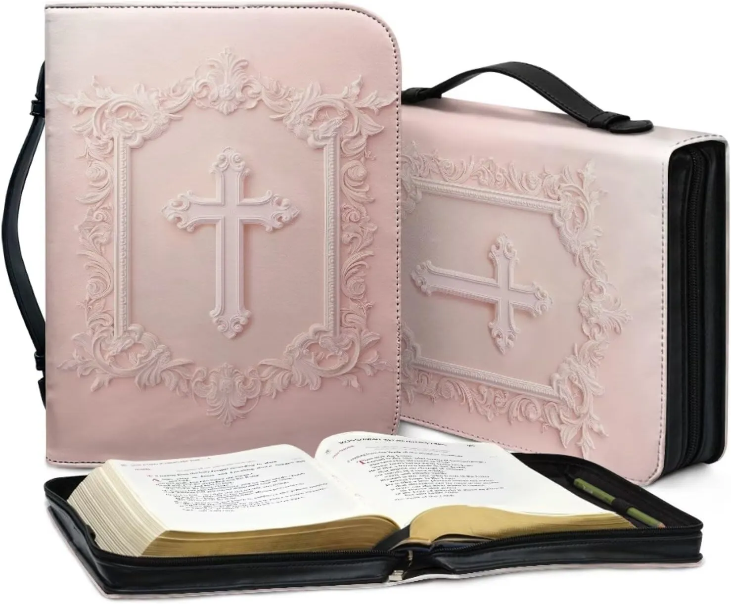 Leather Bible Case for Women, Church Tote Bags with Pen Slot & Zippered Pockets, Strap Style Bible Bag for Christmas Gifts,Cross,XL