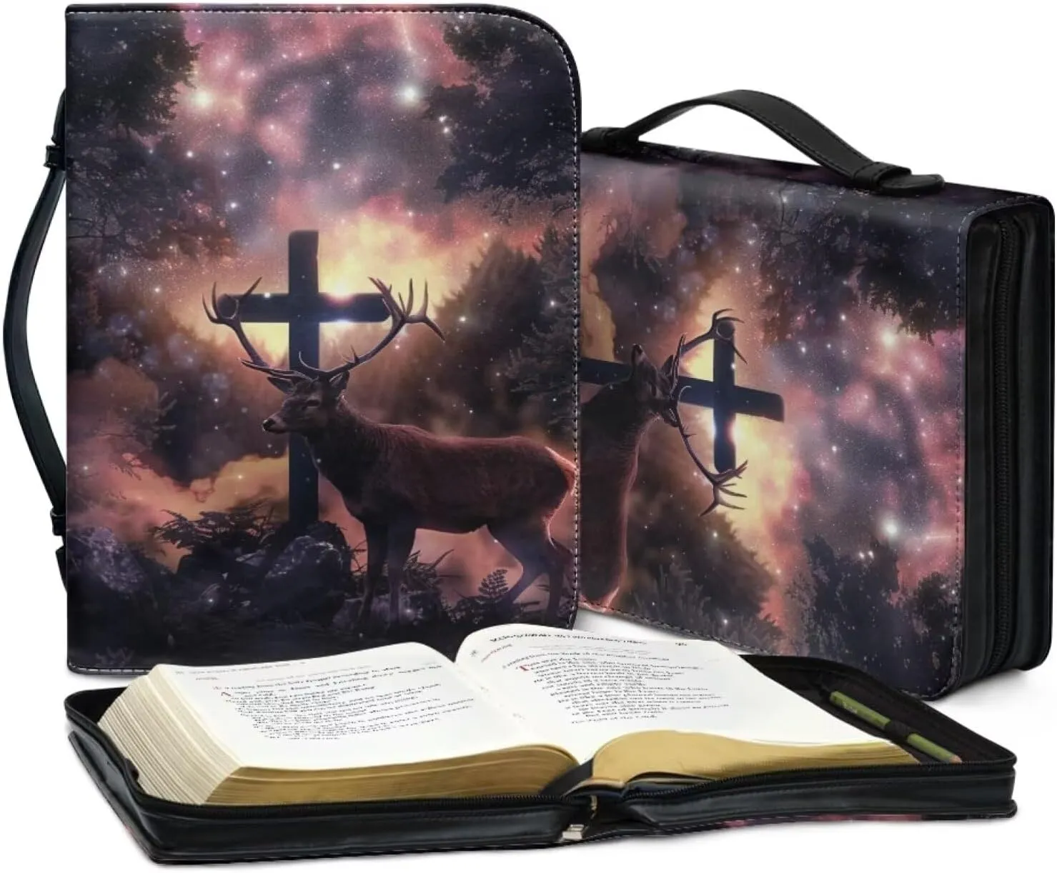Leather Bible Cover Case/Book Cover, Bible Case for Women Men, Bible Cover Bags with Handle Fits for Standard Size Bible,Cross and Deer,L