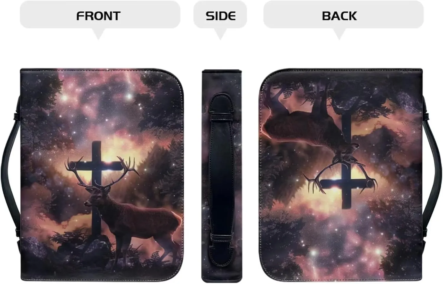Leather Bible Cover Case/Book Cover, Bible Case for Women Men, Bible Cover Bags with Handle Fits for Standard Size Bible,Cross and Deer,L