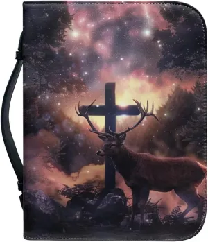 Leather Bible Cover Case/Book Cover, Bible Case for Women Men, Bible Cover Bags with Handle Fits for Standard Size Bible,Cross and Deer,L
